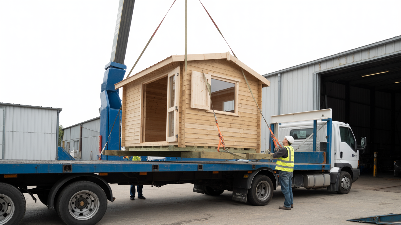Cabin secured on flatbed truck