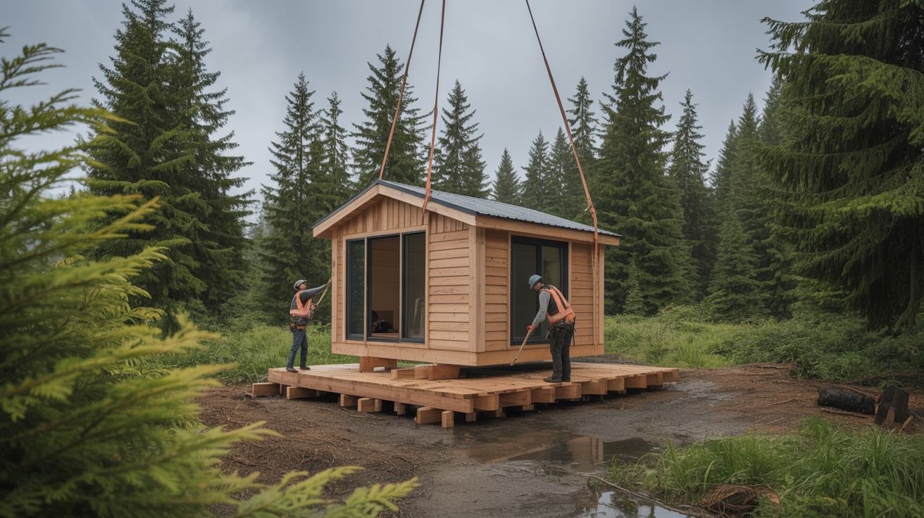 Cabin being positioned on pier foundation